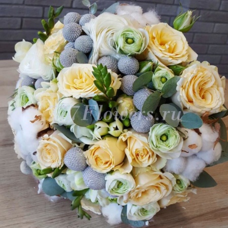 №2222 - Букет невесты с кремовой розой и хлопком - фото 777flowers