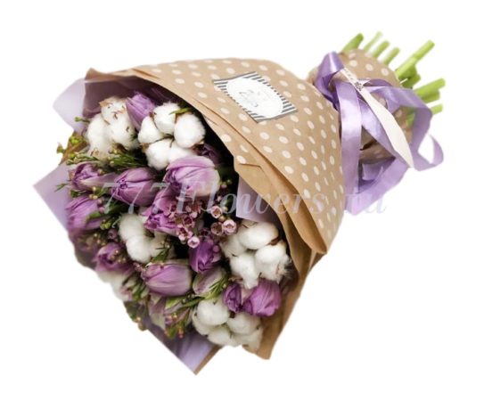 №1065 - Букет из тюльпанов с хлопком. Коллекция SoLucky - фото 777flowers