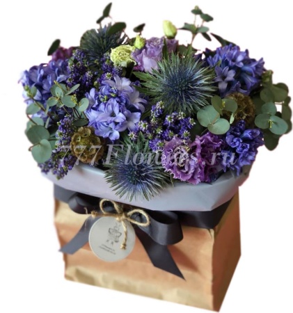 №5412 - Декоративный мешок в синем цвете серии FlowerBox - фото 777flowers
