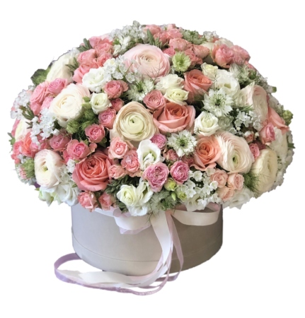 №0824 - Большая праздничная коробка с розами и ранункулюсами - фото 777flowers