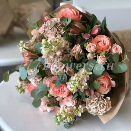 №1087 - Букет с сортовой розой, маттиолой и эвкалиптом - фото 777flowers