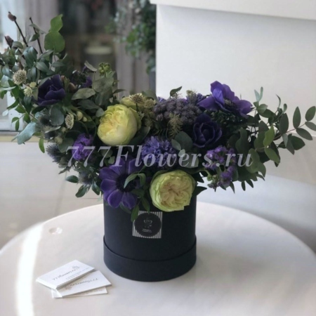 №0534 - Шляпная коробка с анемонами и лимонными розами - фото 777flowers