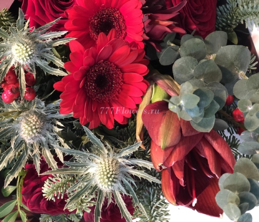 №1123 - Зимний букет с красными цветами и елью - фото 777flowers